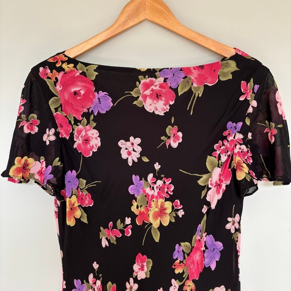 Talbots Size 8 Floral Dress Black Pink Midi Cap Sleeve Lunch Date Church Dress - Picture 11 of 15